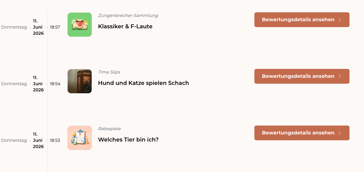 Verlaufsliste mit bewerteten Übungen und Bewertungsdetails